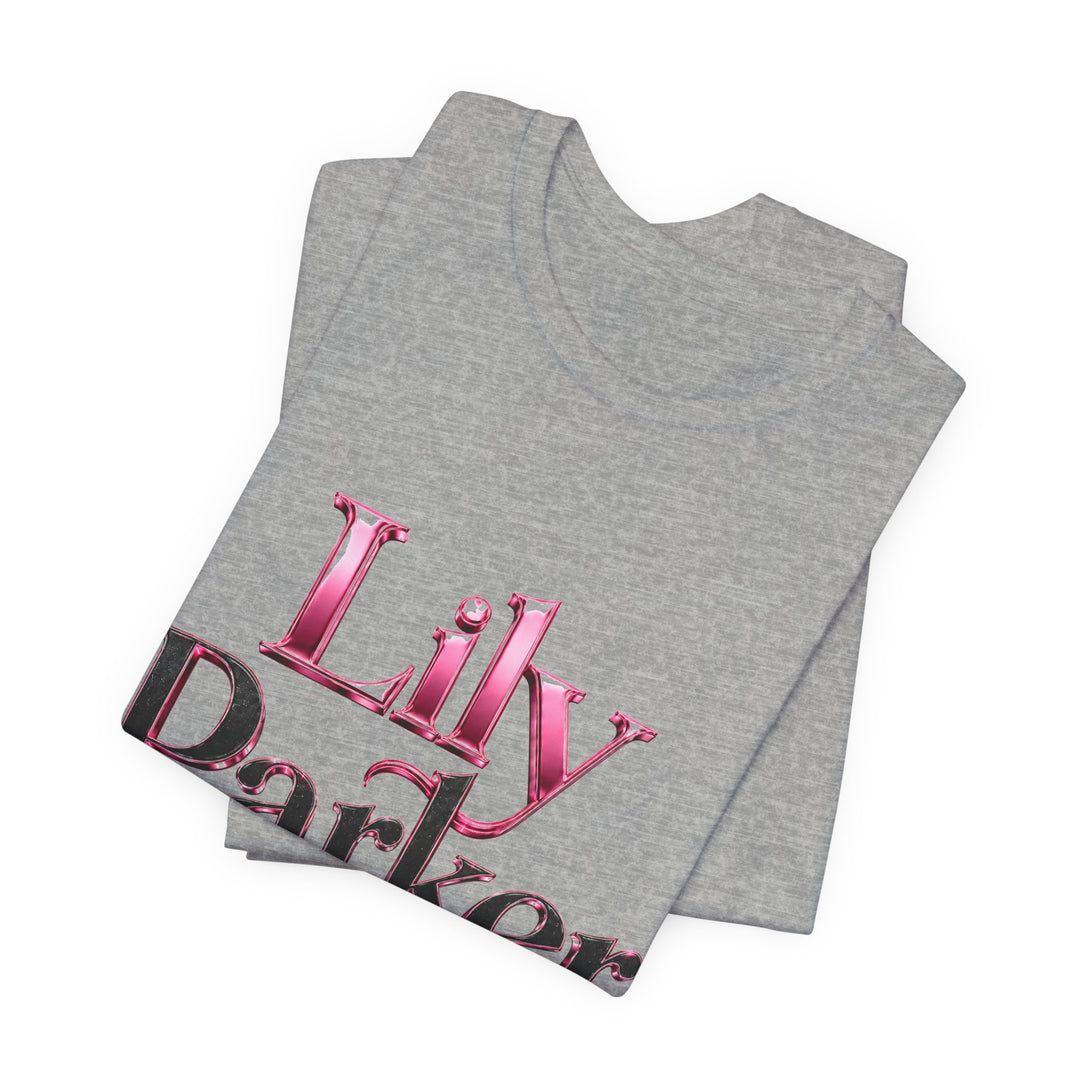 Gray tank top with pink and black text on a white background