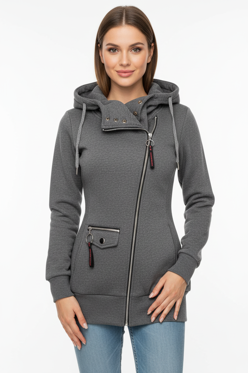 fleece hooded jacket women inside lining comfort detail macro view