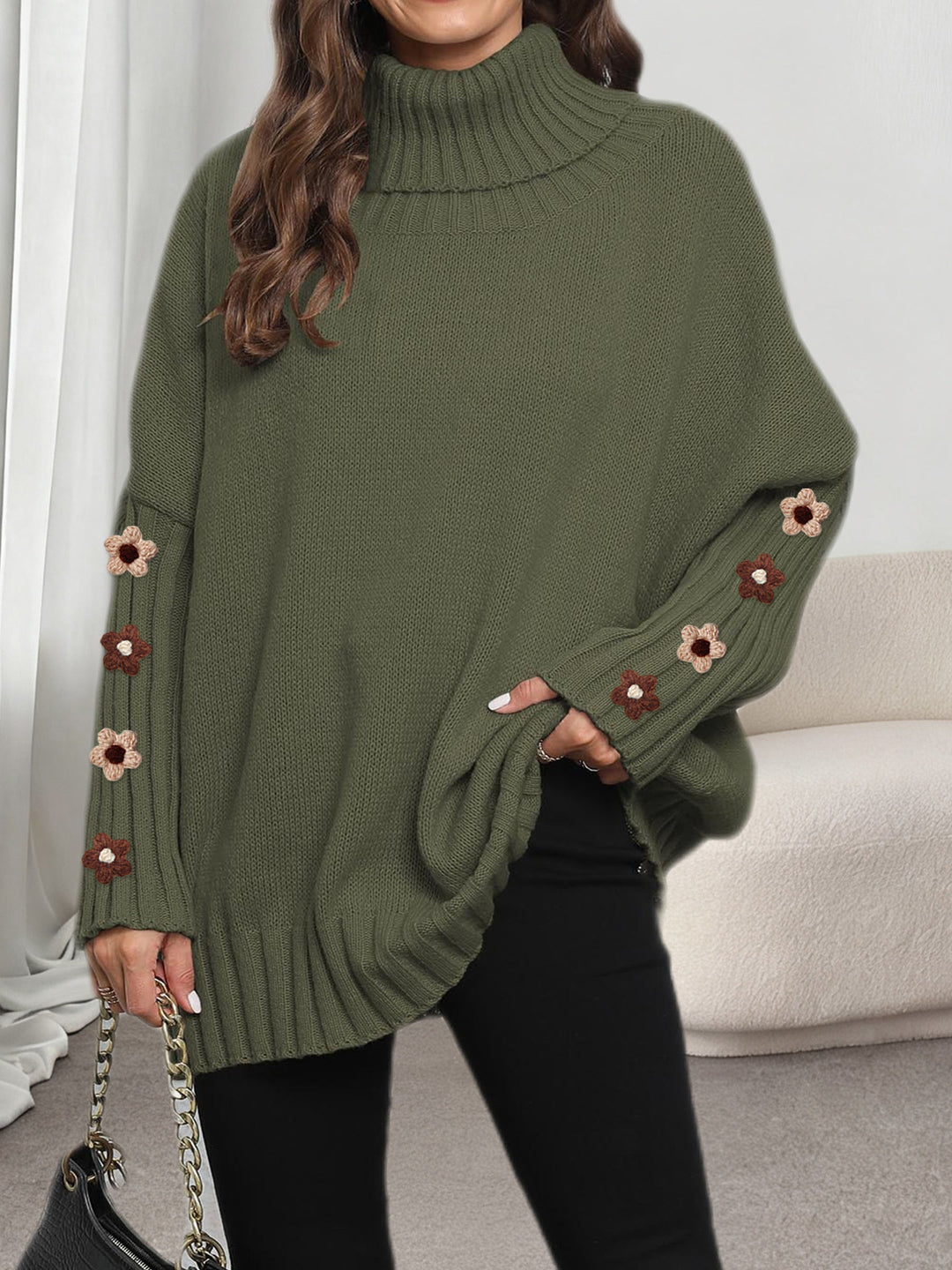 Turn-down collar knit sweater for women with high neck and loose-weave styling for layered outfits in clear product view now.