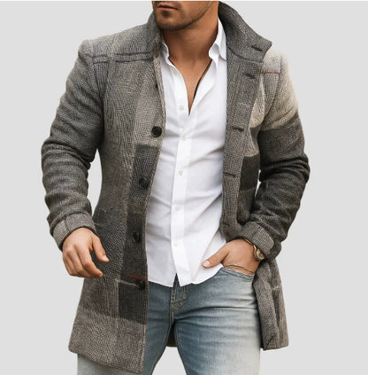 Men's Wool Stand Collar Mid-Length Coat – Warm & Slim