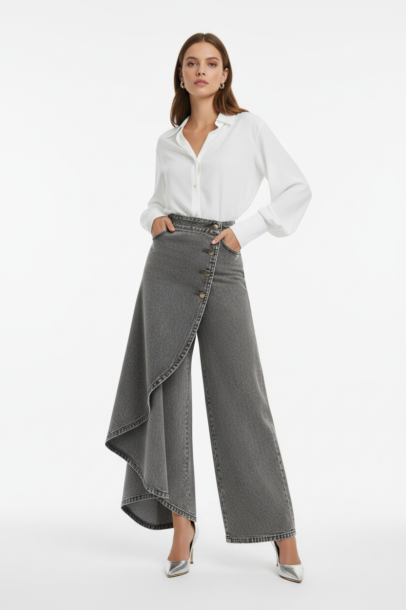 pleated light blue wide leg faux denim pants summer outfit