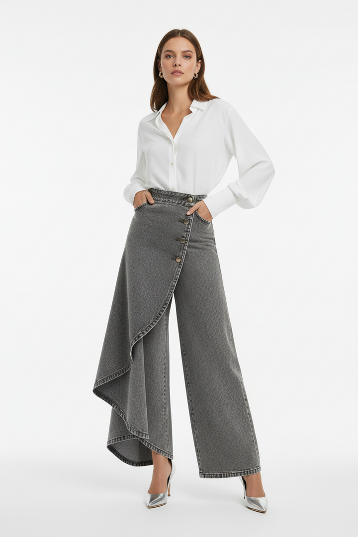 pleated light blue wide leg faux denim pants summer outfit