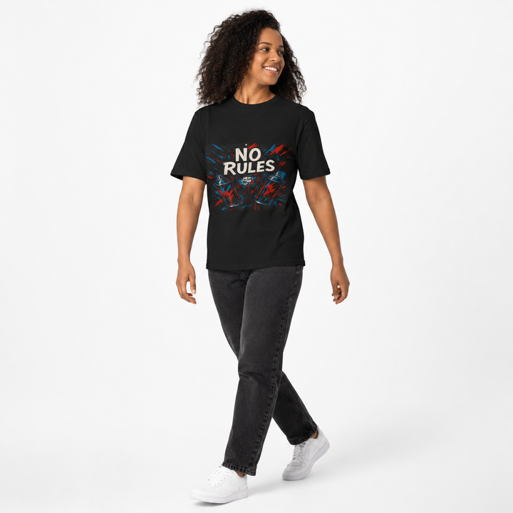 Front view of the unisex statement T-shirt with the No Rules graphic design and clean structure for everyday streetwear looks