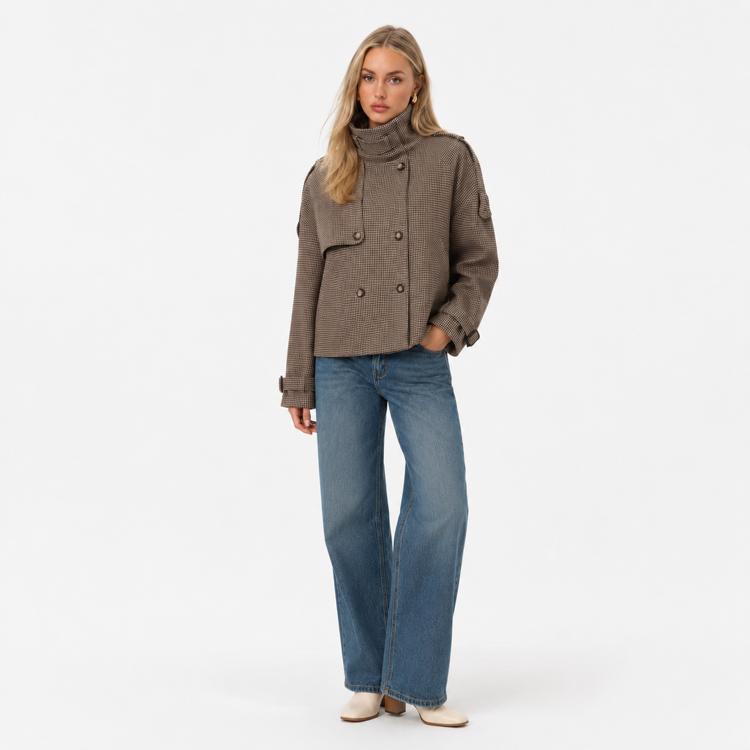 Elegant commute houndstooth coat for women in dark brown with relaxed fit, regular sleeves, and practical city button styling