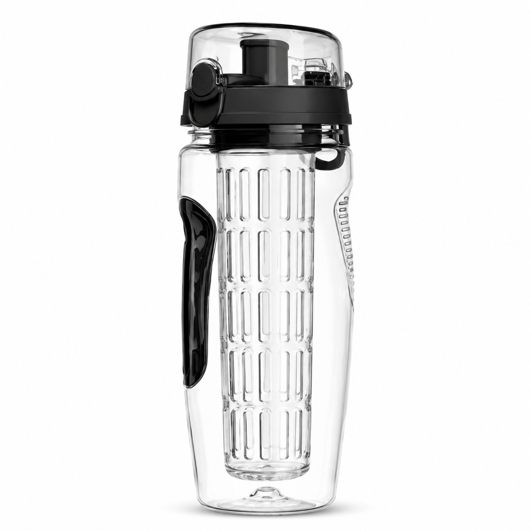 Clear water bottle with black lid and handle on a white background
