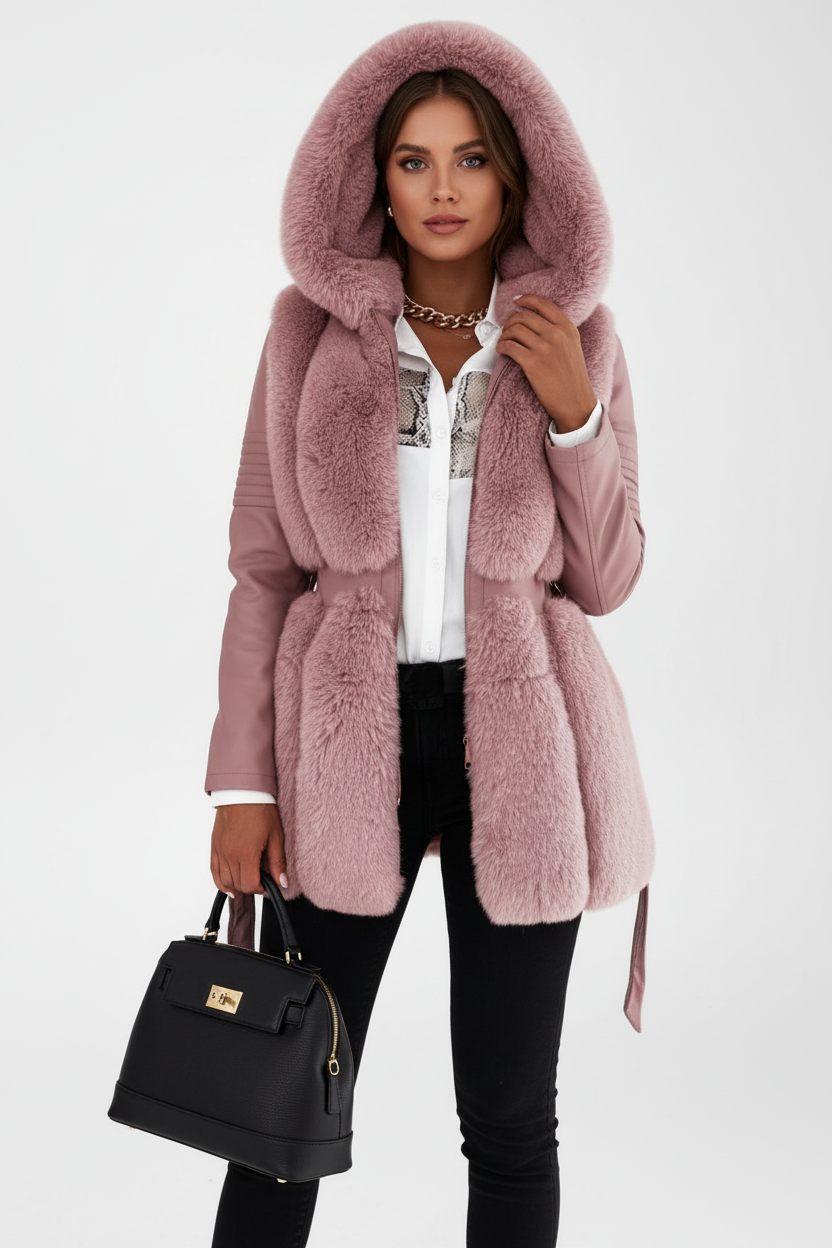 Belted faux fur coat with hood and contrast sleeves for women