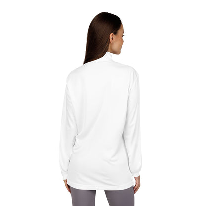 Back view of white unisex quarter-zip pullover