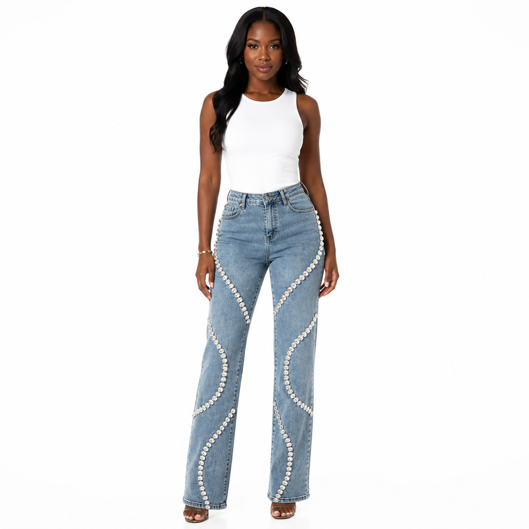 Blue rhinestone jeans for women in a loose straight-leg shape, featuring mid-rise styling, cotton denim and medium thickness.
