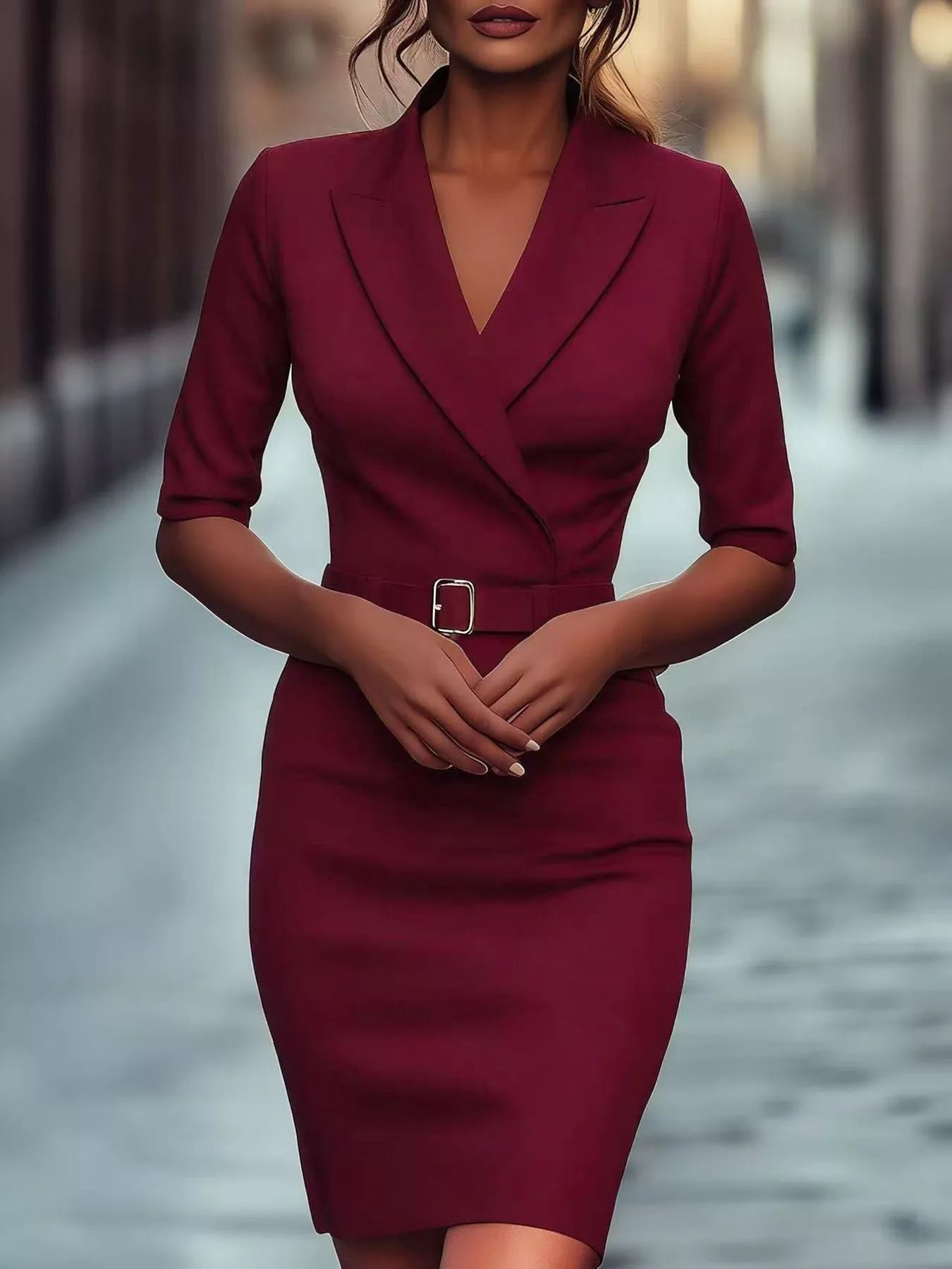 Wrap style dress surplice half sleeve with belt, lightweight polyester texture and clean hemline shown for easy styling