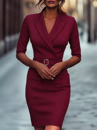 Wrap style dress surplice half sleeve with belt, lightweight polyester texture and clean hemline shown for easy styling