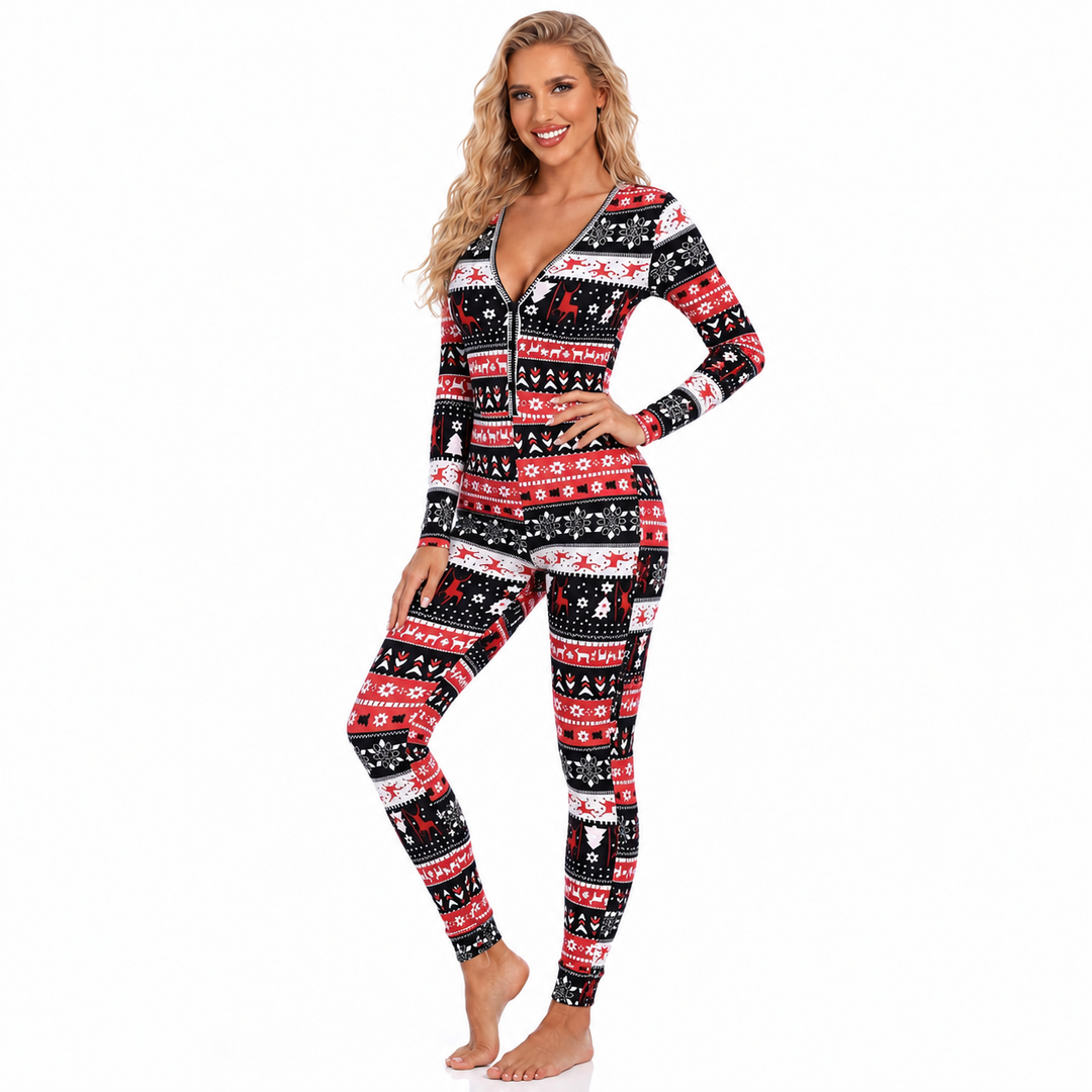 Black holiday jumpsuit for women with painted design, regular sleeve shape and slim fit for easy seasonal outfit and plans up