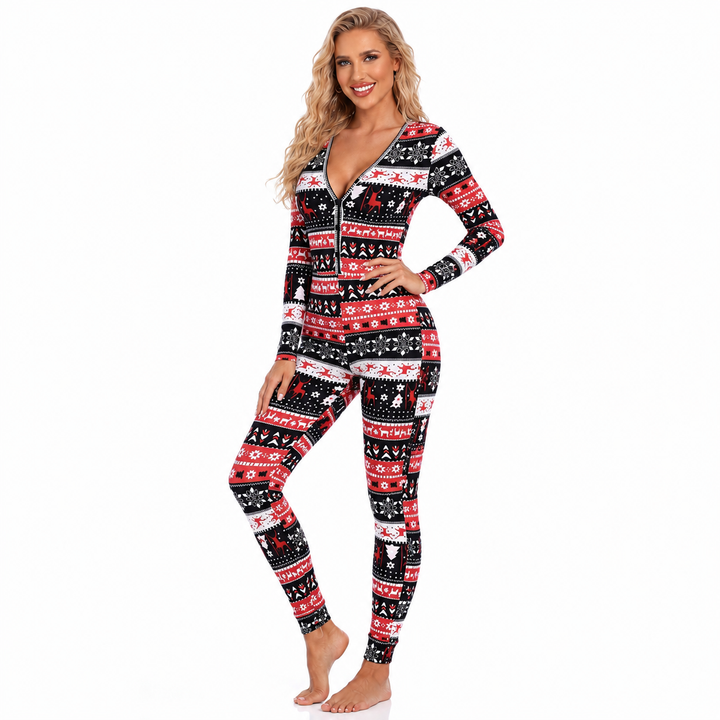 Black holiday jumpsuit for women with painted design, regular sleeve shape and slim fit for easy seasonal outfit and plans up