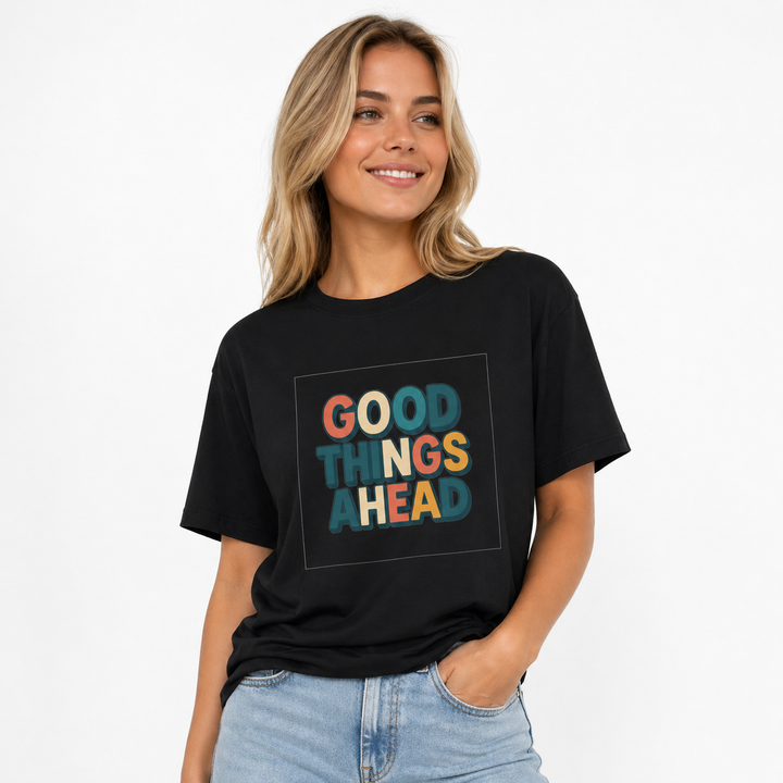 Woman wearing a black t-shirt with &