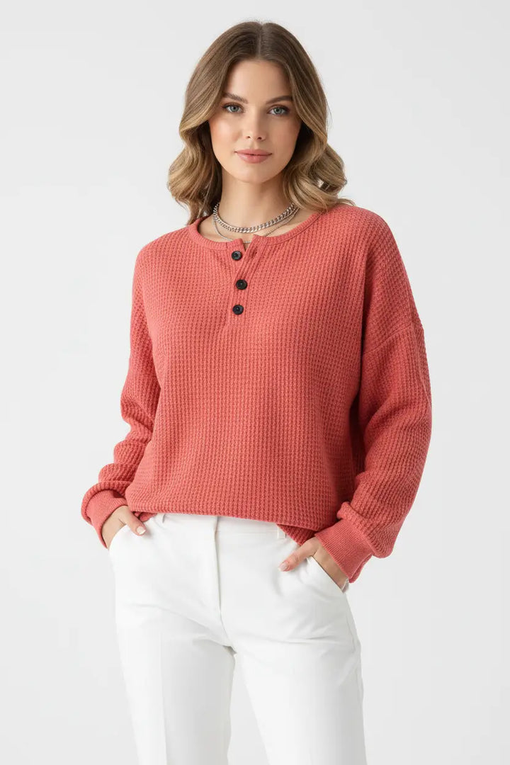 waffle long sleeve T shirt women red long sleeve relaxed drape front view