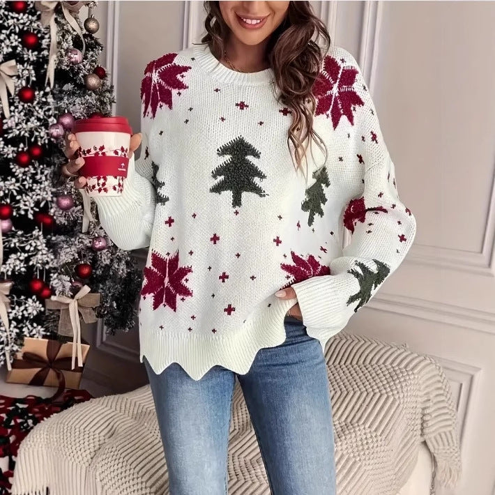 Festive christmas sweater women snowflake print oversized long sleeve casual pullover