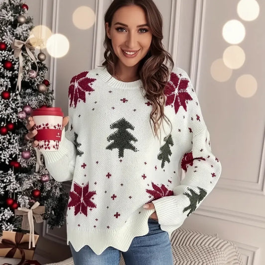 Women's printed holiday knit sweater reindeer pattern white cozy loose fit front view