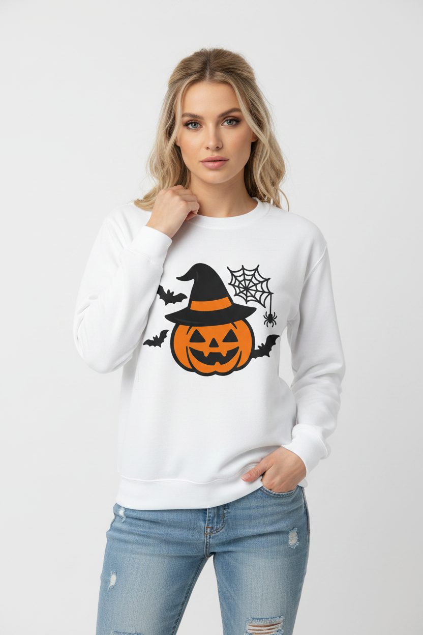 Unisex Halloween pumpkin sweatshirt in orange, relaxed fit, styled on a woman outdoors in autumn
