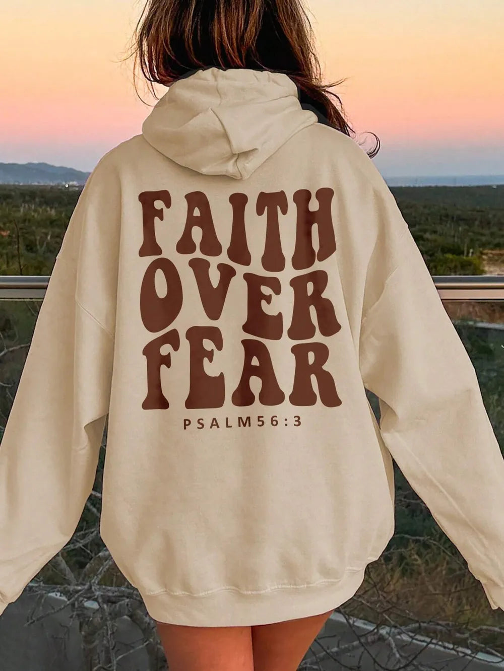 faith over fear hoodie hood detail with drawstring and neckline shape shown for warm coverage on chilly days
