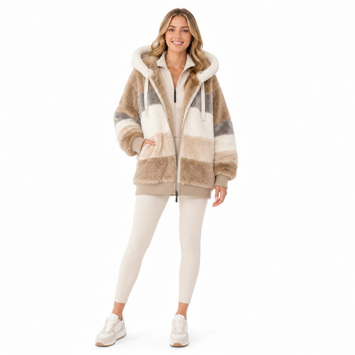Plus size fuzzy zip up hoodie with cozy lined body, practical pockets and casual hooded design for relaxed layering.