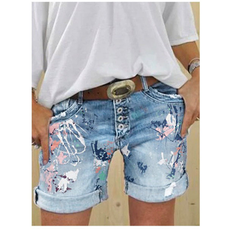 Black denim shorts for women with high waist, printed detail, button closure and slight stretch for relaxed everyday outfits.