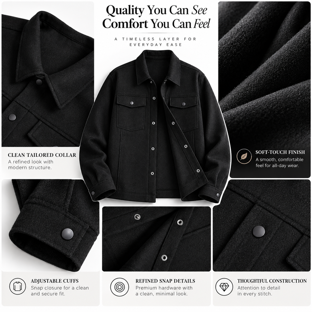 Original black jacket collage showing collar, fabric, cuff snaps and front flap details with English marketing text on white.