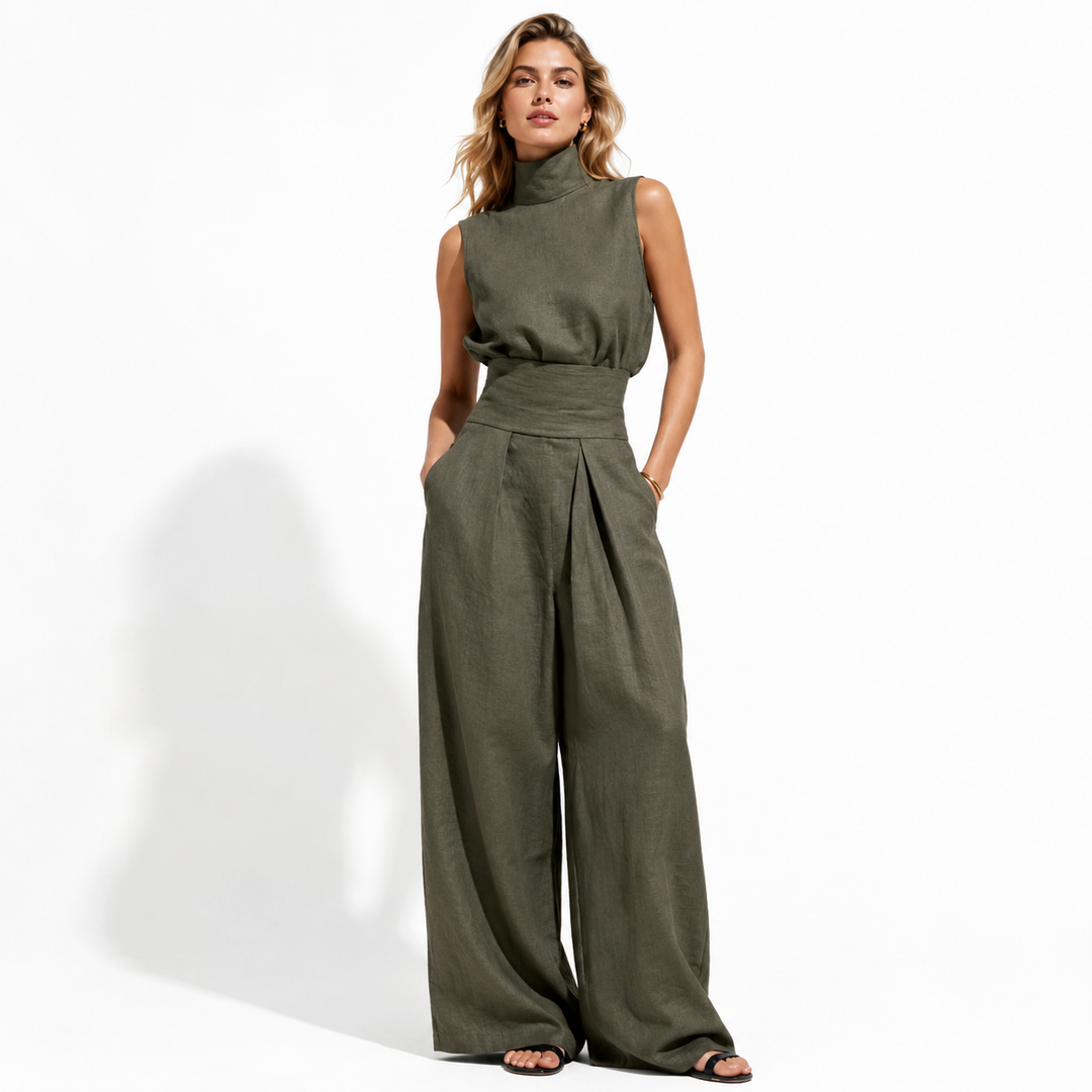 Chic summer two piece outfit with sleeveless top and comfortable straight-leg trousers
