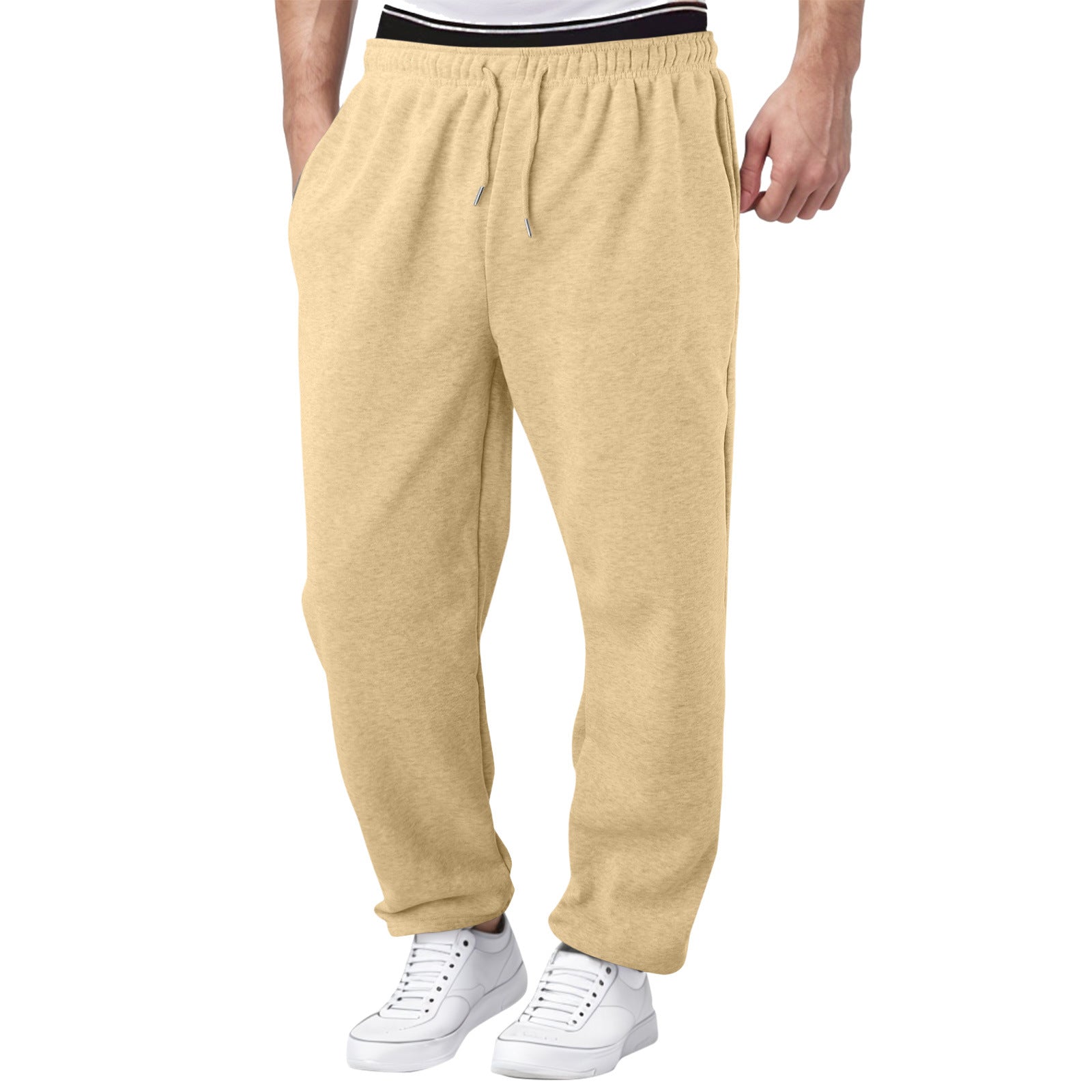 mens sweatpants warm loose fit in camel tone paired with hoodies for effortless fall winter capsule wardrobe  
