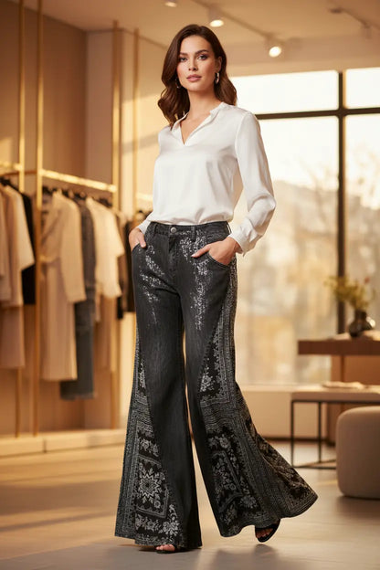 High waisted wide leg pants paired with minimalist sandals