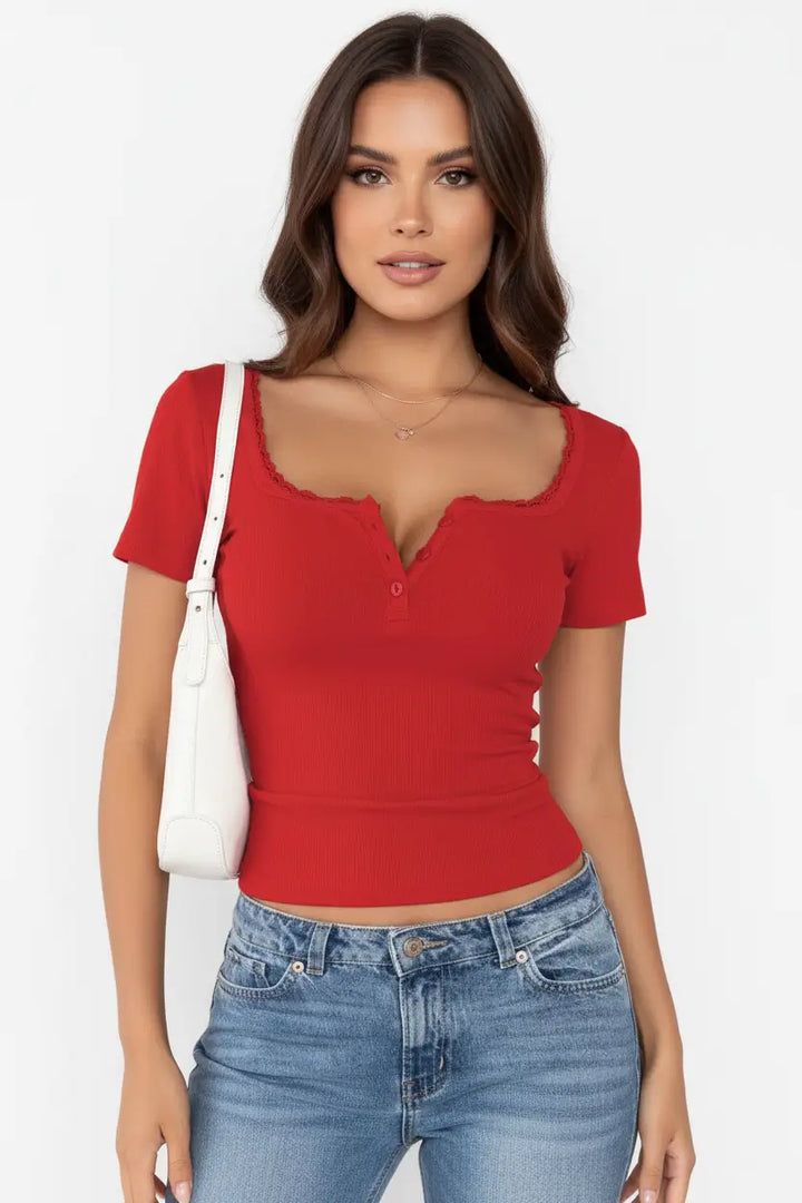 lace trim slim fit top plus size short sleeve proportion balanced silhouette clean lines