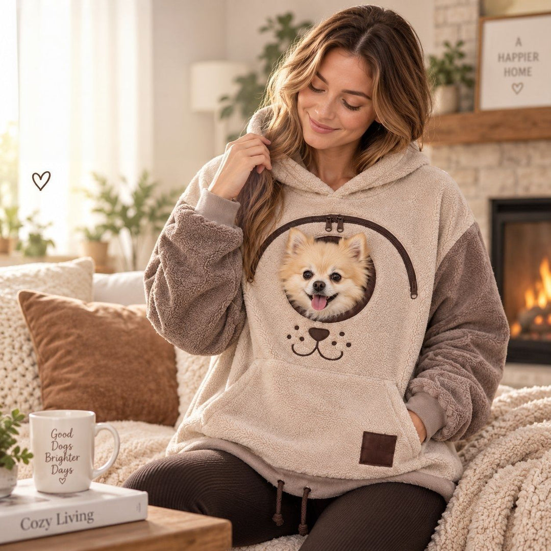 Original image: Seated woman wearing a beige and brown hoodie with a small dog photographed with the garment details visible.