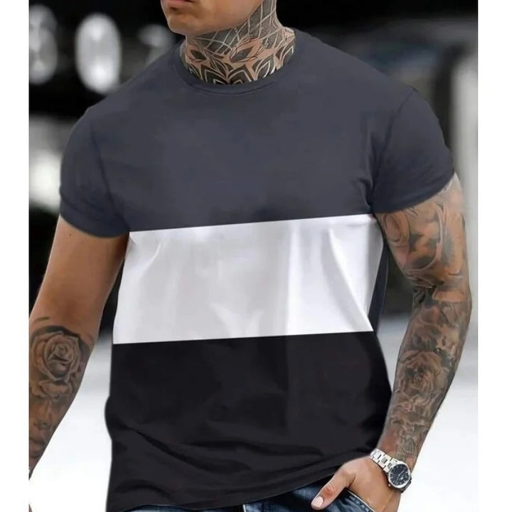 Men’s athletic t-shirt size guide with model and professional size chart