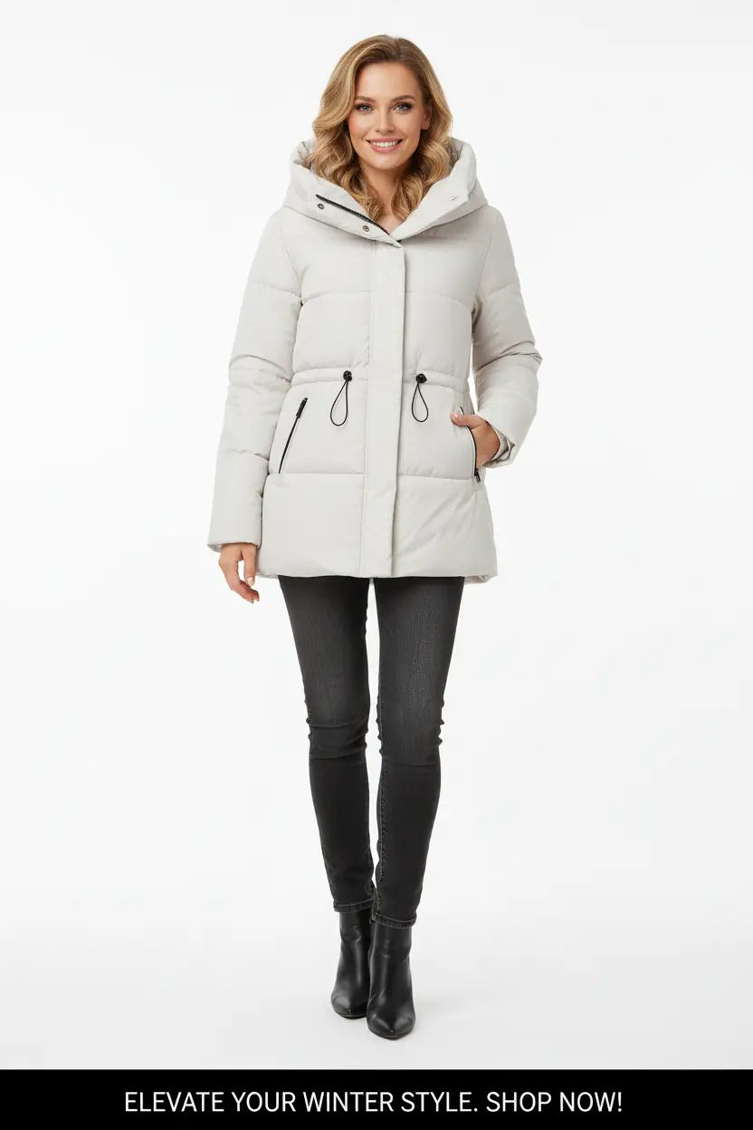 women’s mid-length hooded cotton coat black full length ultra thick structure urban background