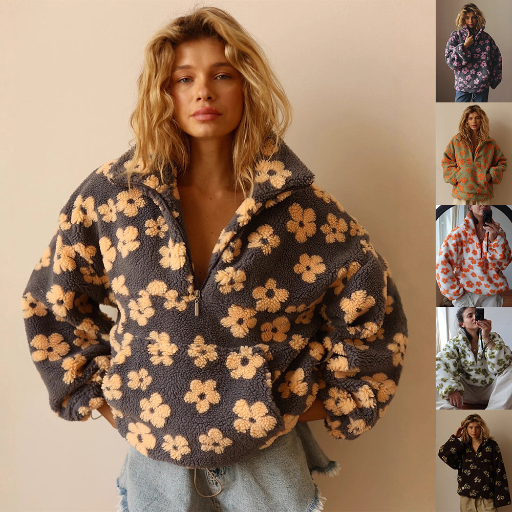 Women’s Floral Sherpa Pullover - Half-Zip, Large Pocket