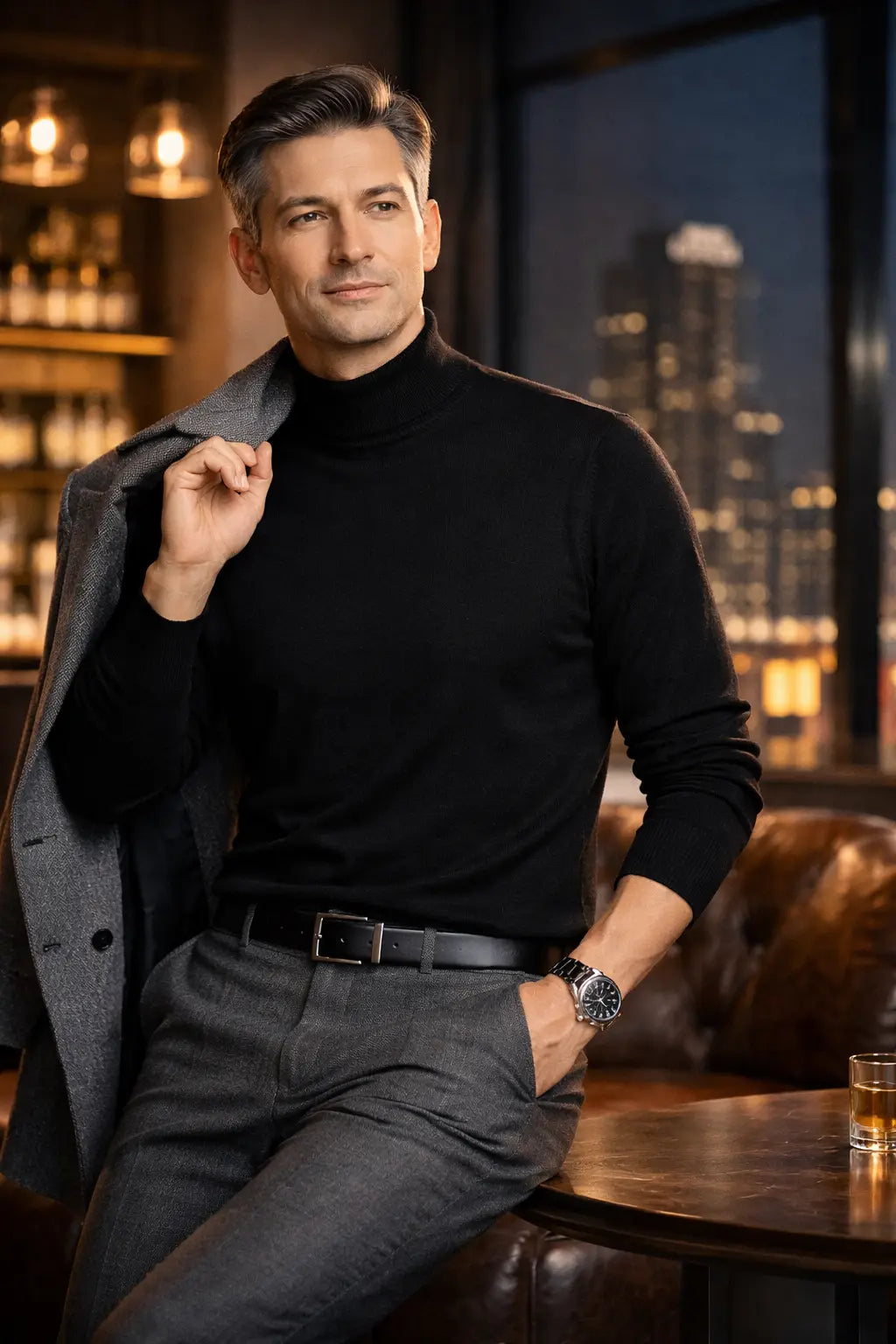 men’s mock neck sweater slim fit clean silhouette studio lighting