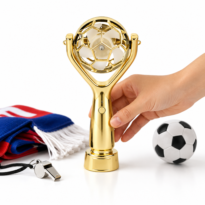 Rechargeable handheld fan in gold football cup design for stadium seats, match day cool and outdoor fan comfort on warm days!