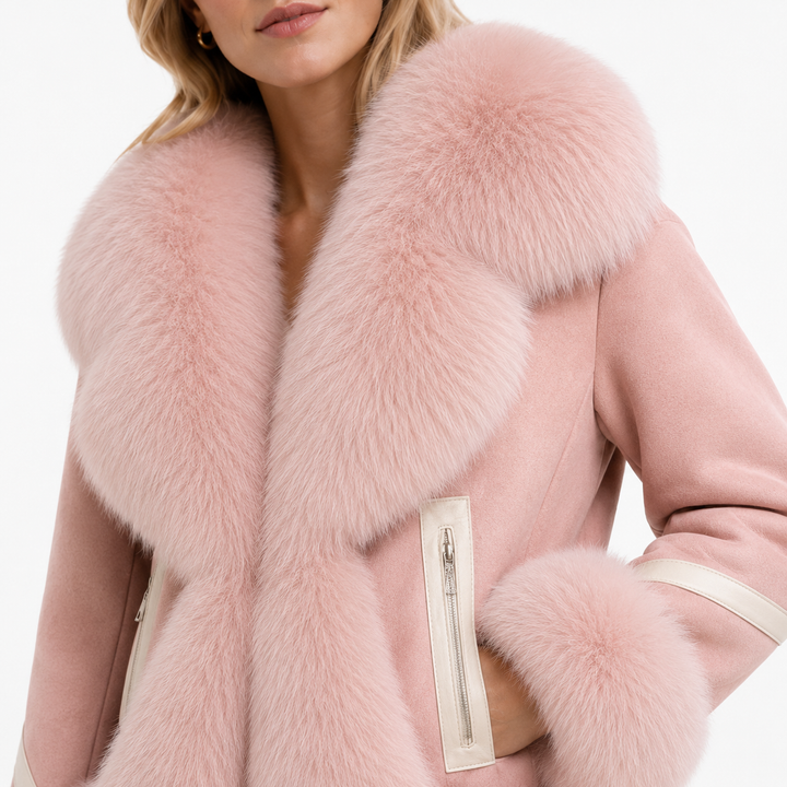 Pink faux fur coat for women with plush artificial fur, 3-D surface detail, conventional sleeves, and tailored winter styles.
