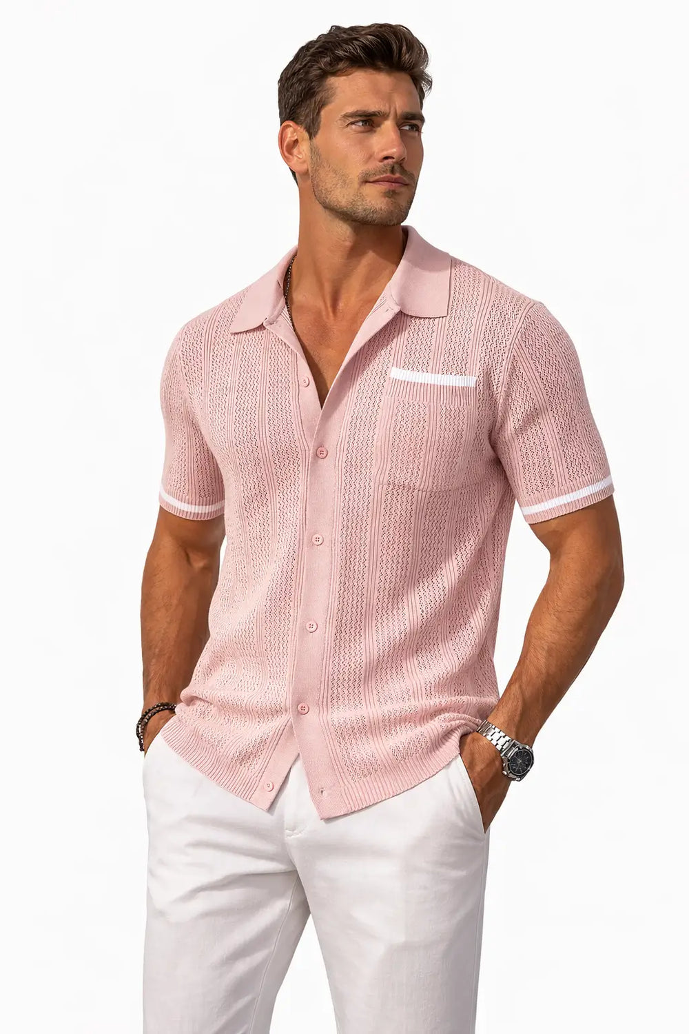 men’s striped summer cardigan shirt sky blue breathable texture close view