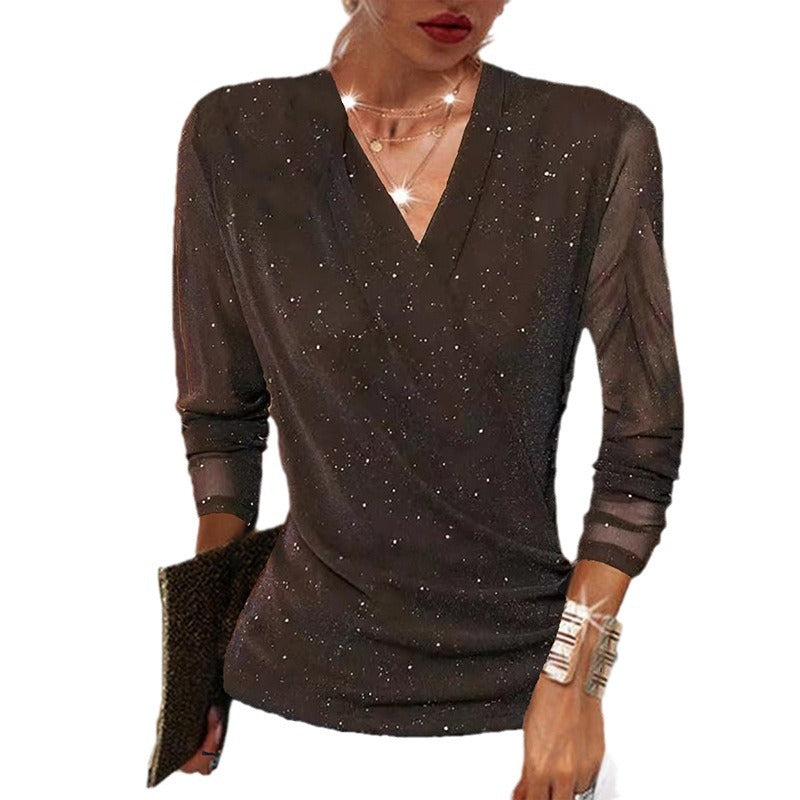 women's v-neck mesh top black long sleeve breathable polyester mesh shown close-up on neckline and sleeves
