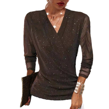 women's v-neck mesh top black long sleeve breathable polyester mesh shown close-up on neckline and sleeves
