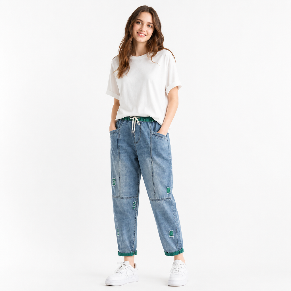 Ripped Jeans for Women Green Orange Cropped Denim Pants
