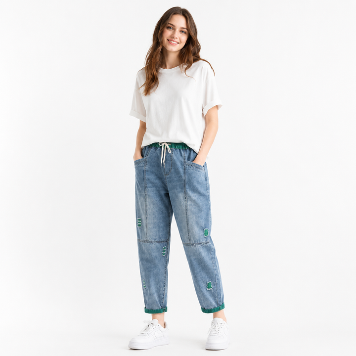 Ripped Jeans for Women Green Orange Cropped Denim Pants