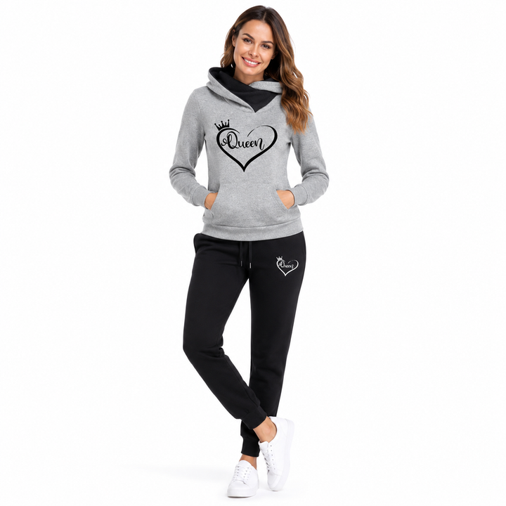 Soft polyester knit women tracksuit set with slight stretch mid waist joggers and relaxed hoodie for autumn winter wear style