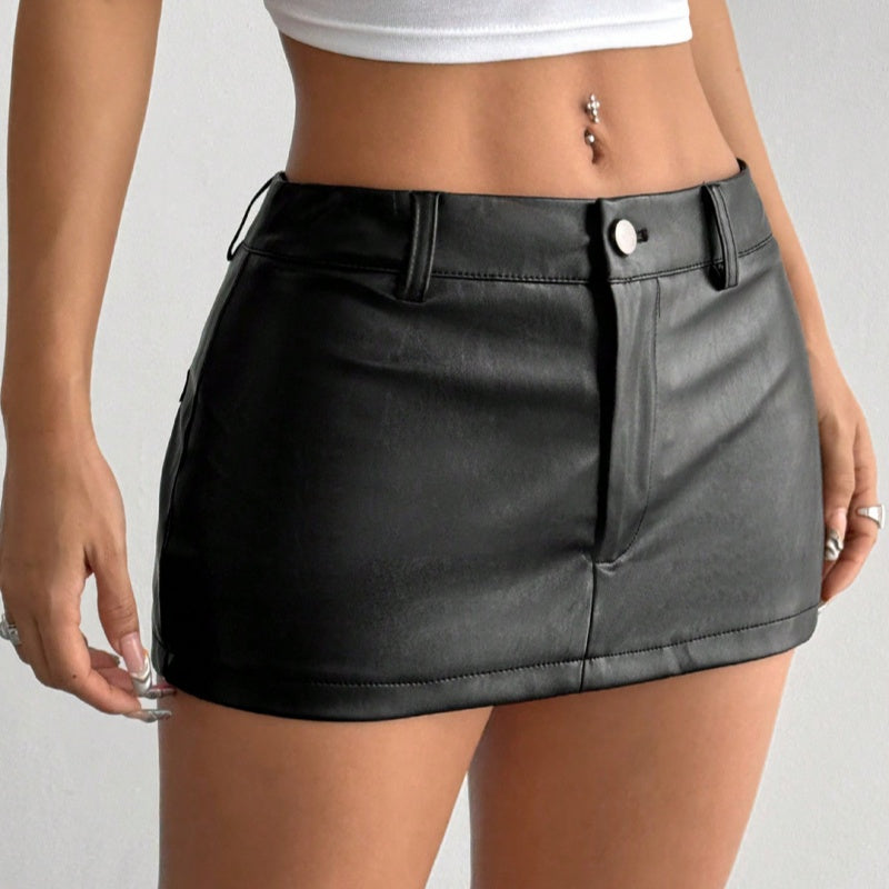 Rear view of black bodycon leather skirt, smooth PU fabric, high waist fit, clean lines
