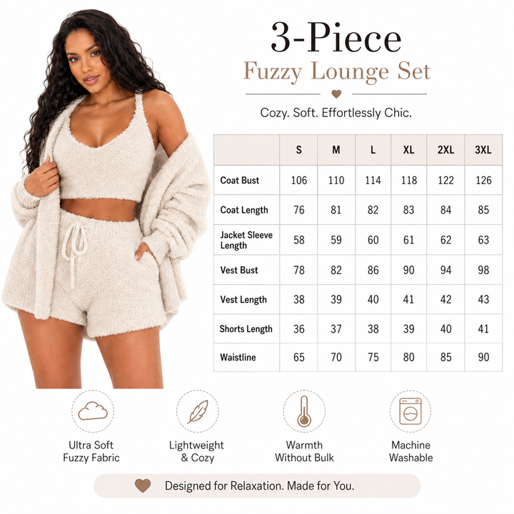 3 piece pajama set women size chart with model and measurements for sizes S through 3XL shown against a clean white backdrop.