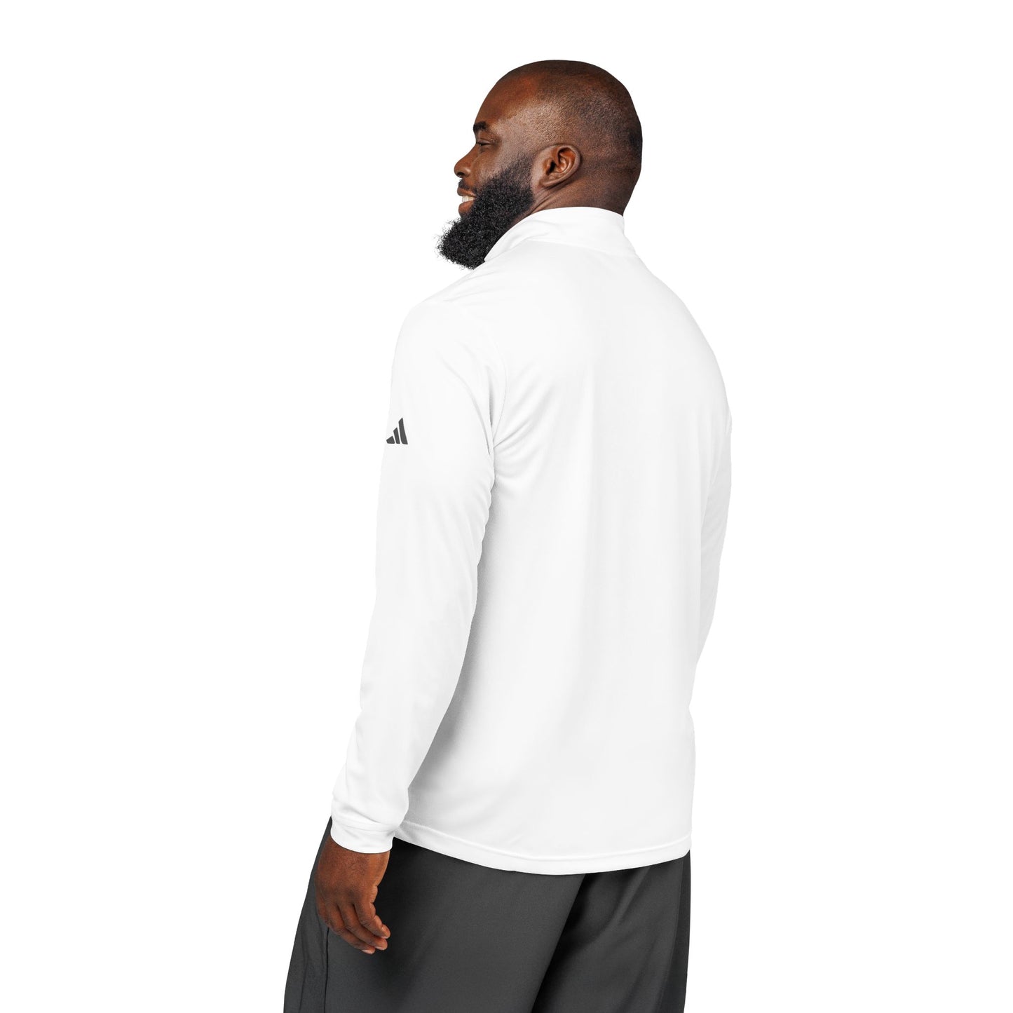 Back view of white unisex quarter-zip pullover