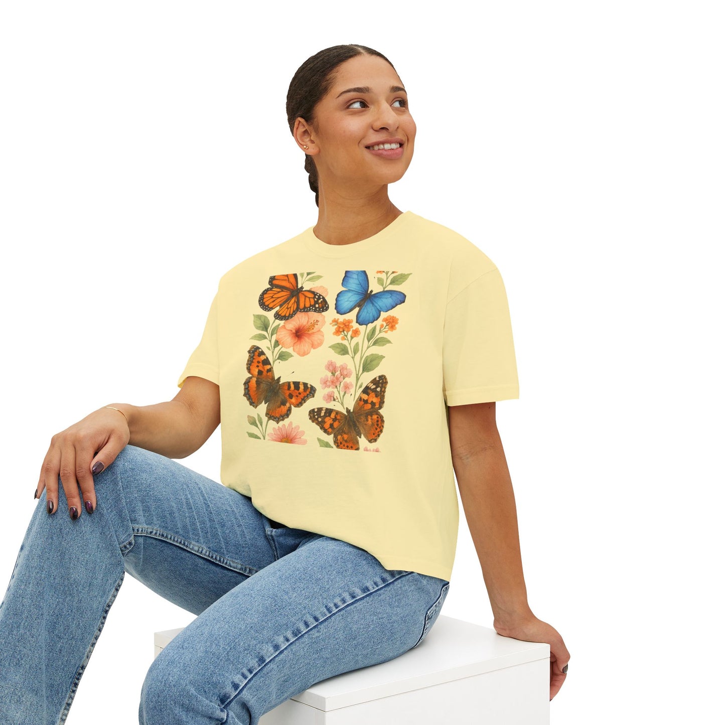 Butterfly Floral Women’s Boxy Tee – Vintage Style