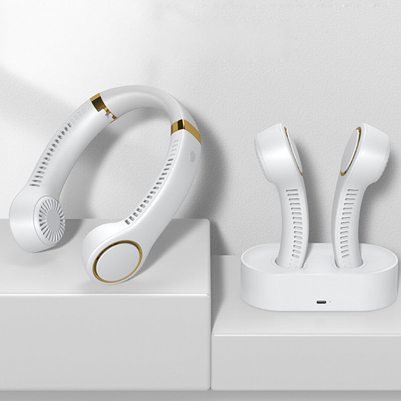 Portable neck fan in white with USB charging, bladeless design, quiet motor and hands-free cooling for summer travel comfort.