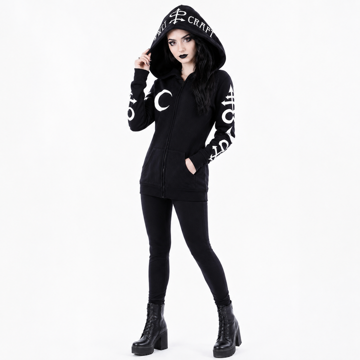 Gothic moon print hoodie for women with an oversized hood, front pockets and a slim longline shape for everyday punk styling.
