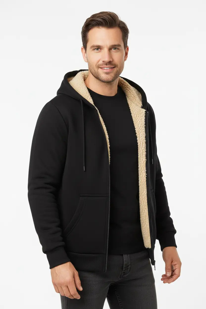 mens plus size sherpa lined zip hoodie hood detail with adjustable drawstrings in cold climate setting