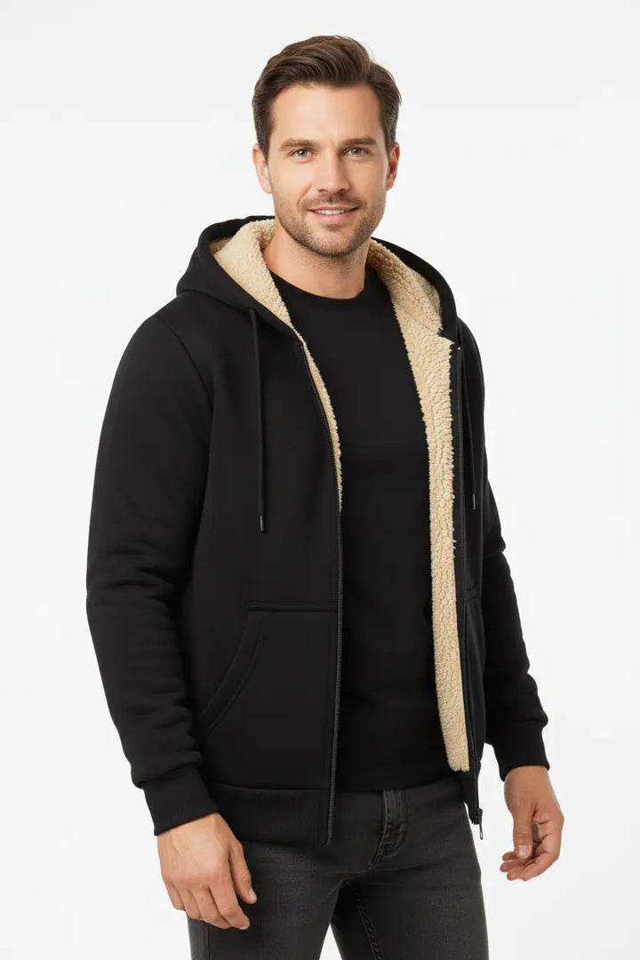 mens plus size sherpa lined zip hoodie hood detail with adjustable drawstrings in cold climate setting
